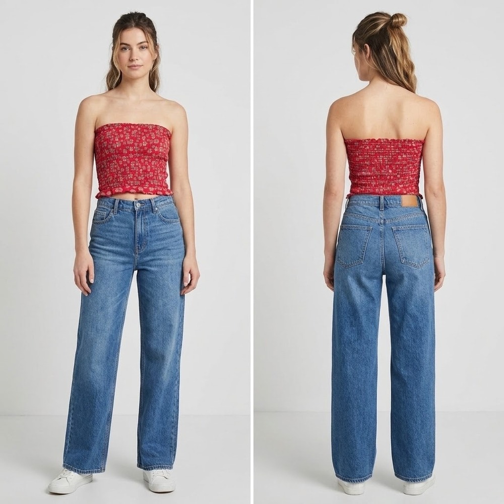 Free People Red Floral Smocked Tube Top Strapless Crop Lettuce Edge Small